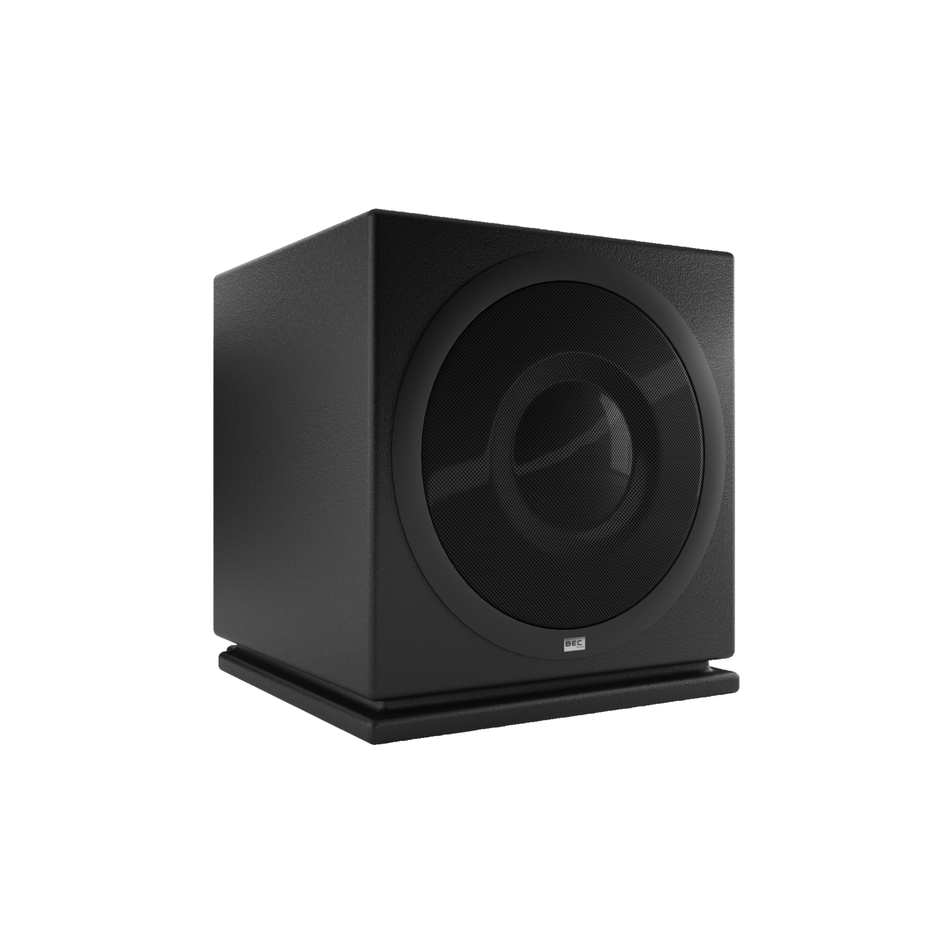 Schwarzer Subwoofer Lautsprecher auf weißem Hintergrund