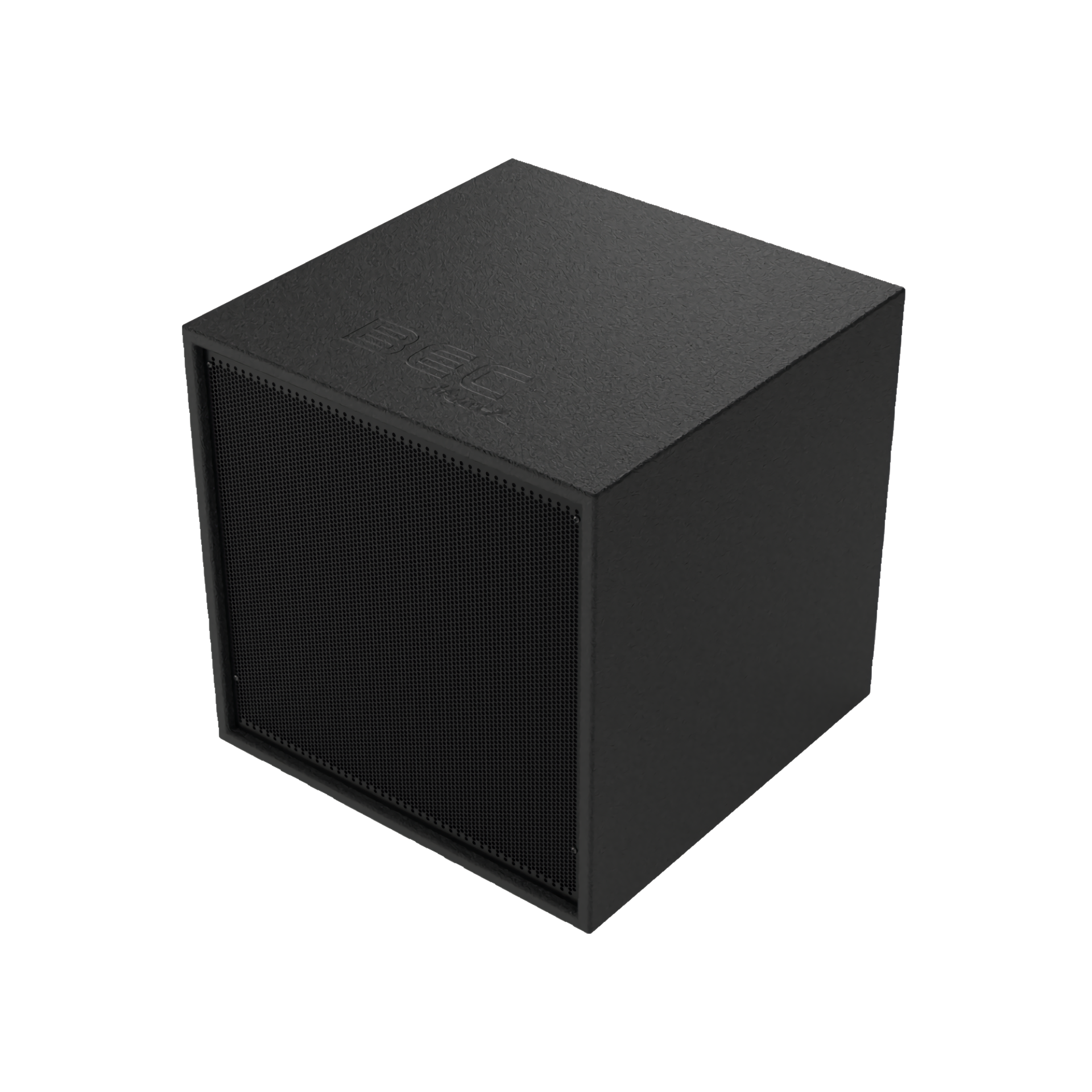 Schwarzer Subwoofer mit der Marke BEC auf der Oberseite, quadratische Form, Mesh-Gitter an der Vorderseite.