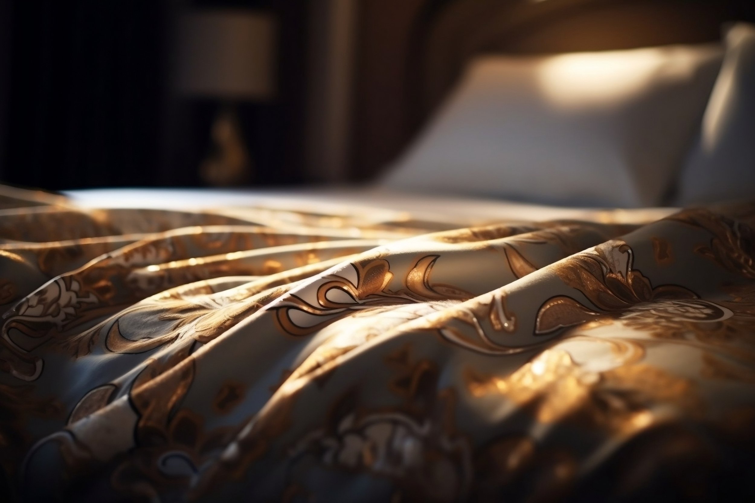Bett mit goldbraun gemustertem Bettbezug im warmen Licht