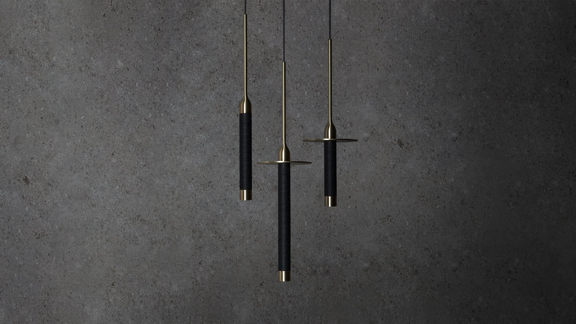 Drei moderne Pendelleuchten mit schwarzen Griffen und goldenen Elementen hängen vor einer grauen, rauen Wand.