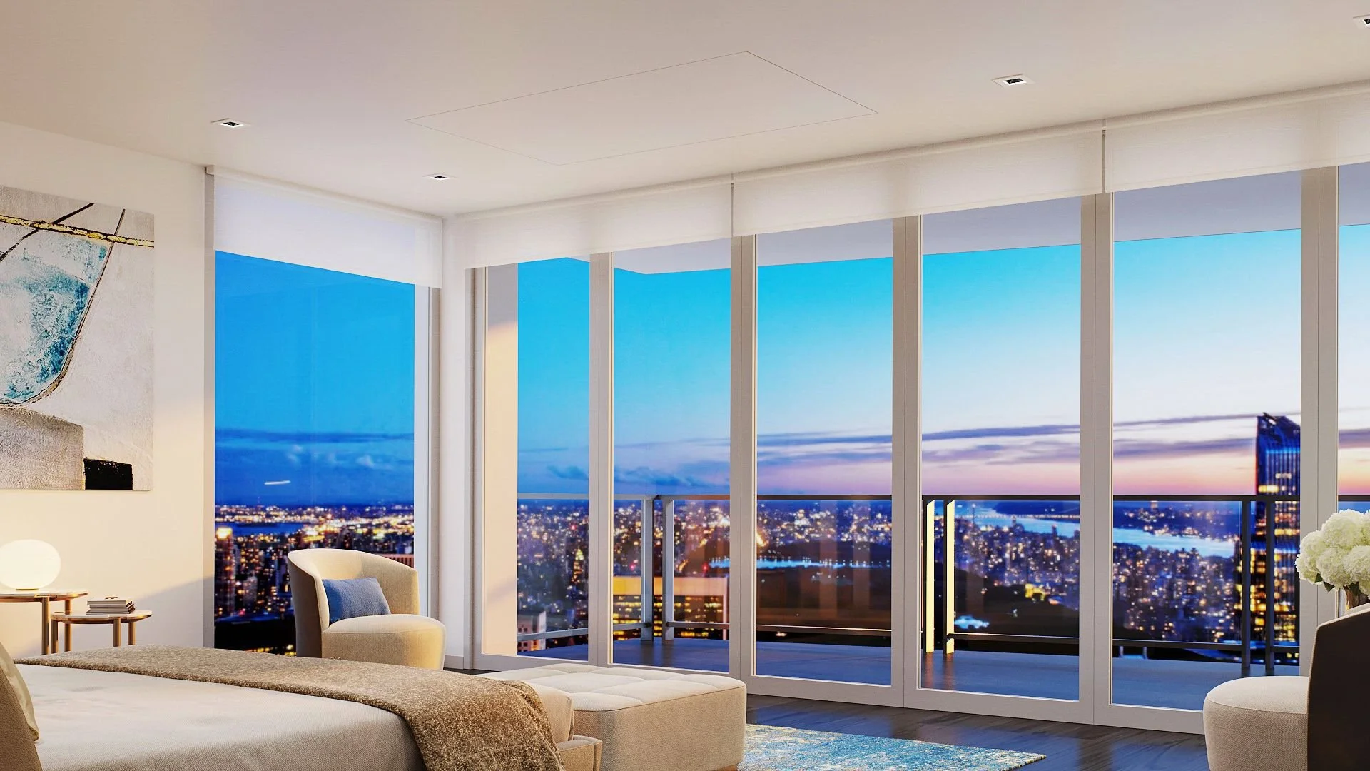 Modernes Schlafzimmer mit Panorama-Fenstern, Blick auf die Stadt bei Nacht, mit bequemem Bett und gemütlicher Sitzgelegenheit.
