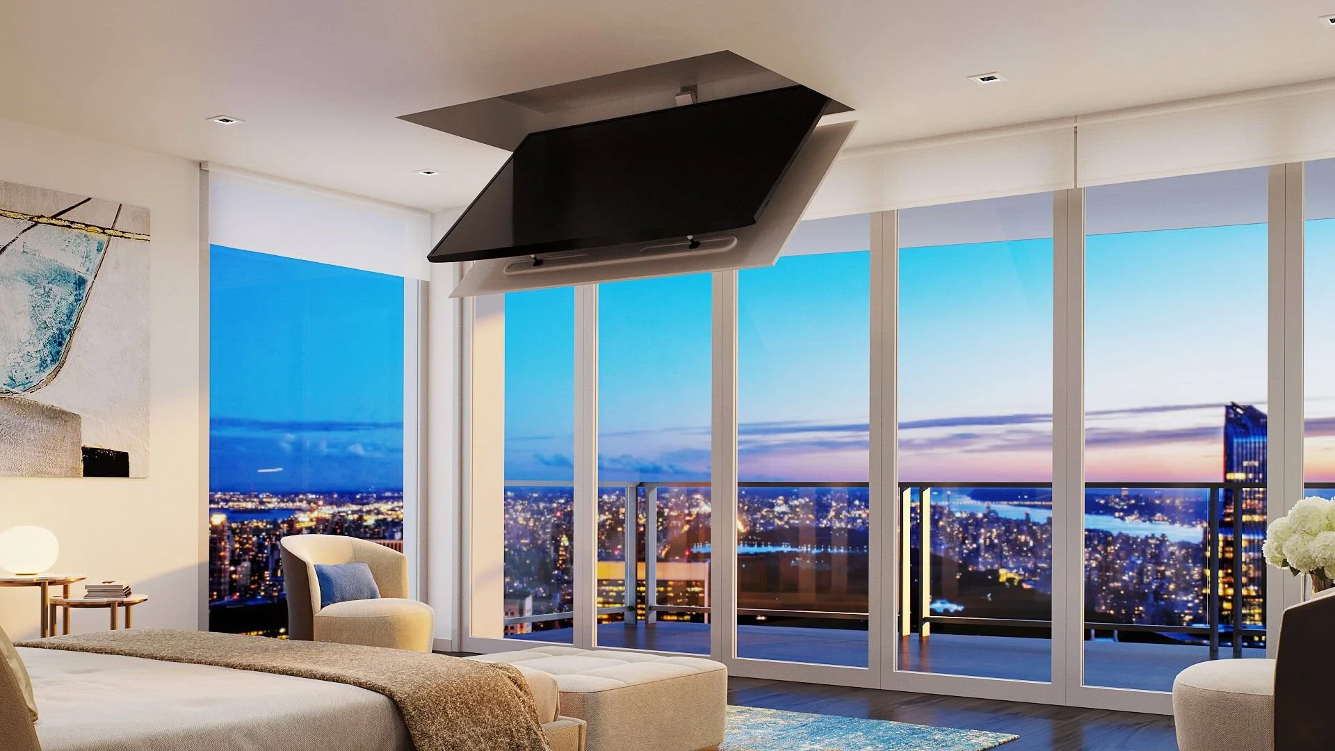 Modernes Wohnzimmer mit Blick auf die Stadt bei Sonnenuntergang, große Fenster, bequemes Sofa, Sessel, Stehlampe, Kunstwerk an der Wand, Fernseher an der Decke