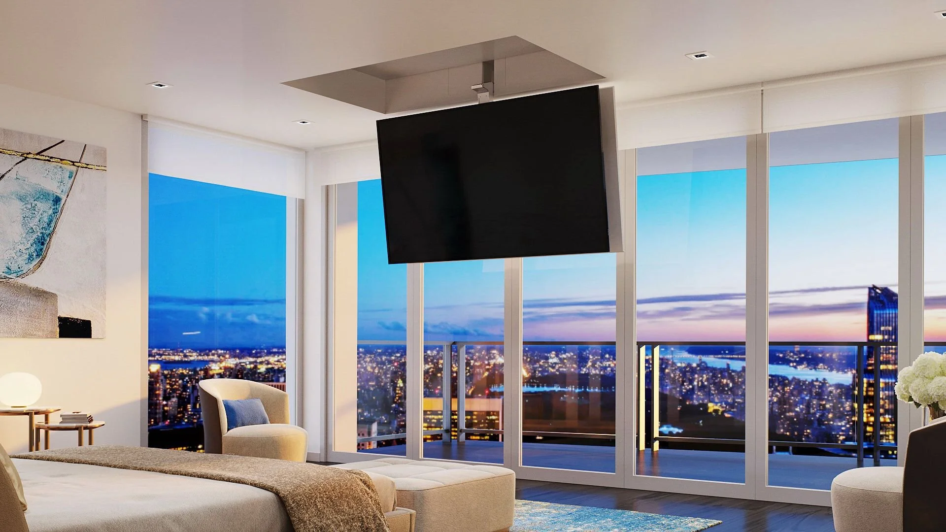 Elegantes, modernes Schlafzimmer mit Stadtblick bei Sonnenuntergang, Fernseher an der Decke, große Fenster, Stadtlichter, Balkon, minimalistische Einrichtung, weiße Wände, abstraktes Wandkunst.