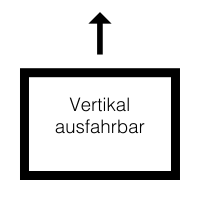 Vertikal ausfahrbarer Aufzug oder Kran in einem rechteckigen Gehäuse mit Pfeil nach oben.