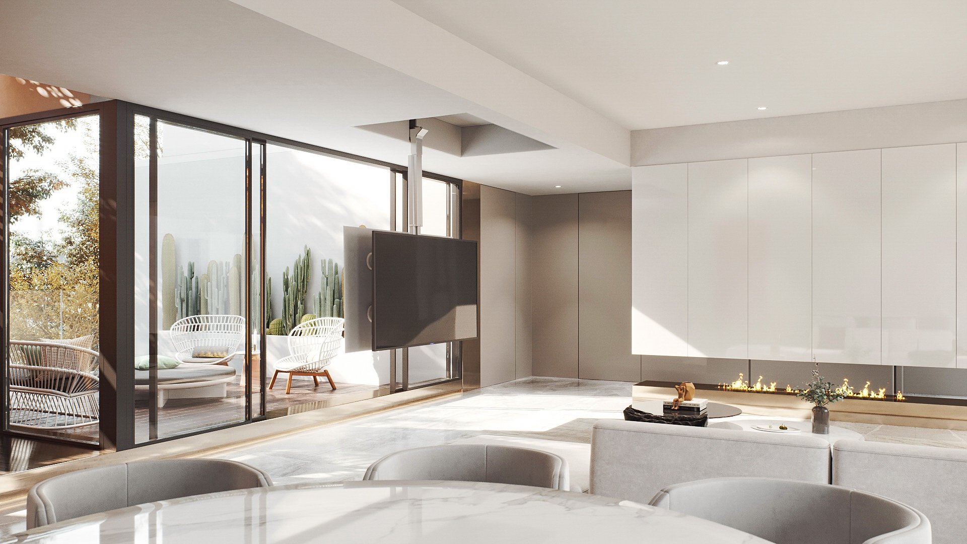 Moderne, helle Wohnzimmer mit großen Fenstern, Kamin, weißen Möbeln und einem Balkon mit Pflanzen im Hintergrund.