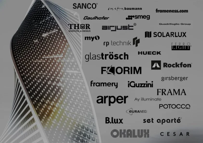 Grafik mit Logos verschiedener Unternehmen, die sich auf Architektur, Beleuchtung und Design spezialisiert haben, auf grauem Hintergrund.
