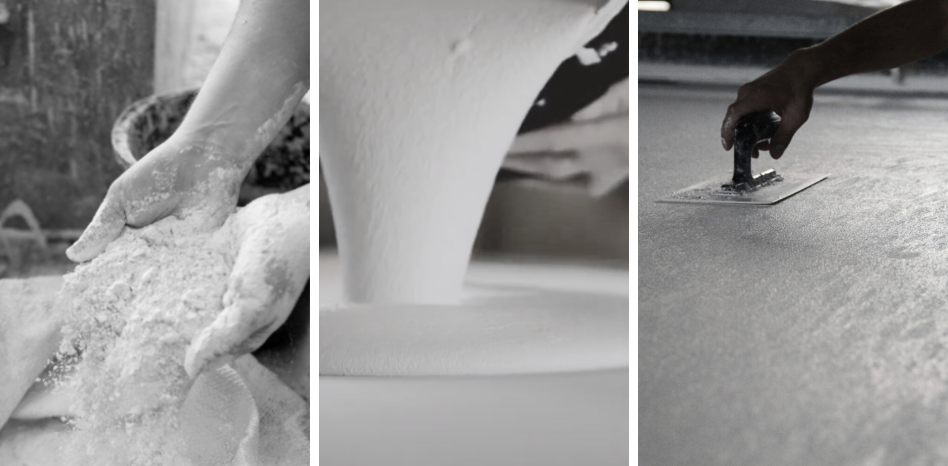 Drei Bilder, die Handarbeit beim Putzen oder Renovieren zeigen: Hand, die Mehl oder Putzmaterial verarbeitet, Flüssigkeit, die aus einer Maschine fließt, und eine Hand, die mit einem Gerät auf einer glatten Oberfläche arbeitet.