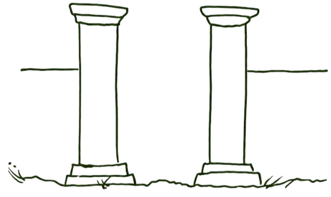 Line drawing of two classical-style columns on a grassy ground, with a partial view of a structure or wall on the right side.