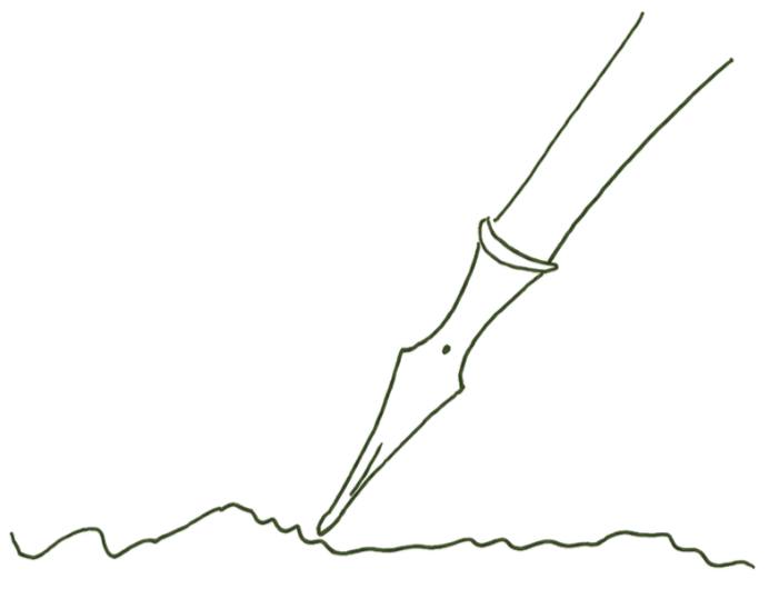 Line drawing of a hand planting a seedling into soil with a small root visible.