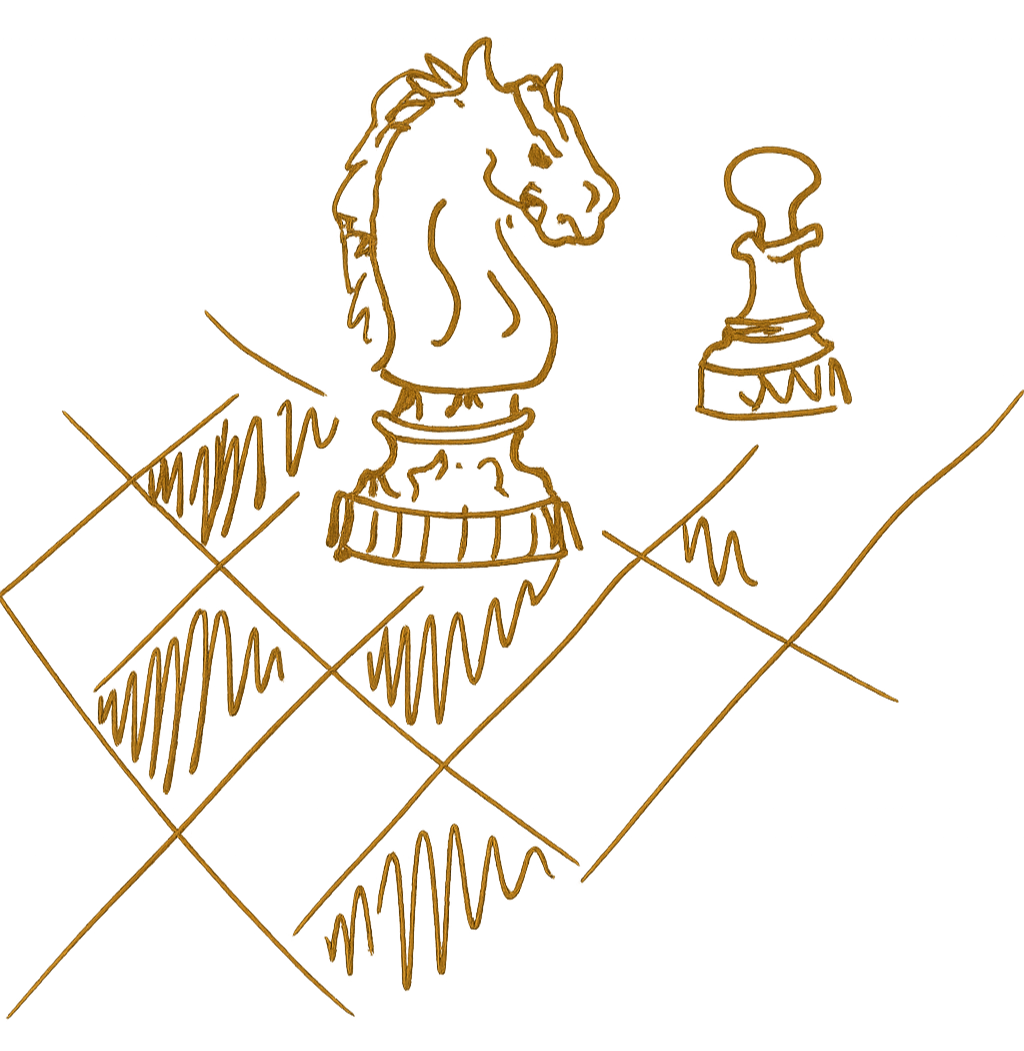 Gold line drawing of a chess rook and pawn on a chessboard.