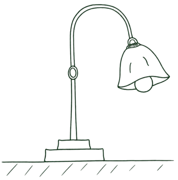 Outline of a desk lamp emitting light, drawn in green lines on a black background.
