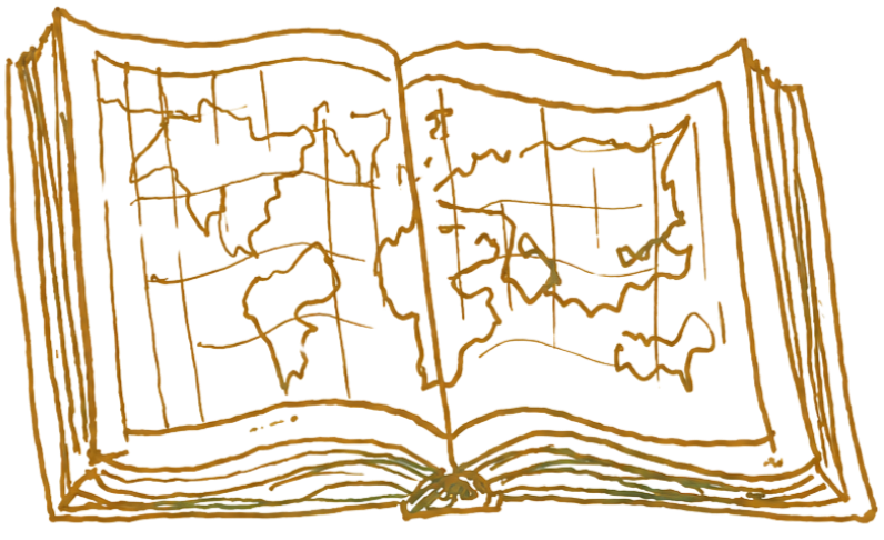 A hand-drawn gold atlas, open at a map of the world, representing "Teaching and Research"