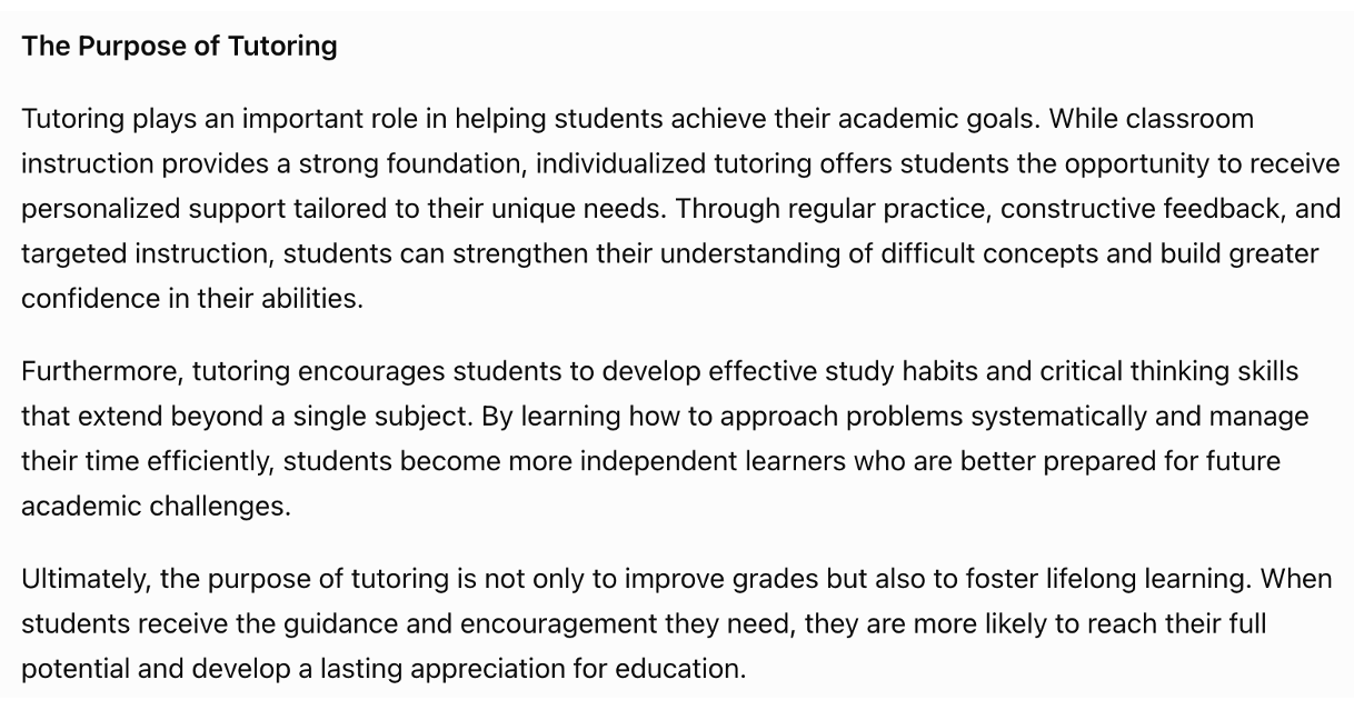 A short text entitled “The Purpose of Tutoring,” unedited, generated by ChatGPT