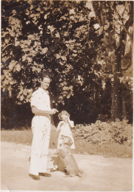 Alee Berry, Lucky the dog and Patricia Towner in Kavieng 1950