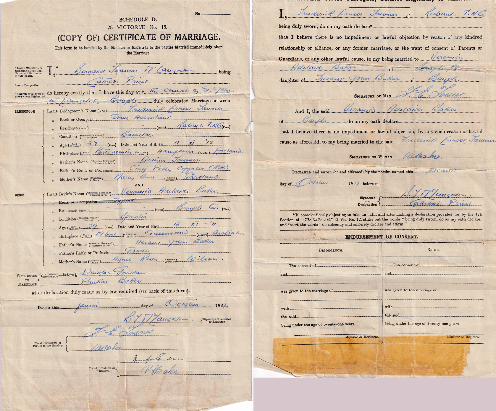 Fred and Veronica Towner's marriage certificate