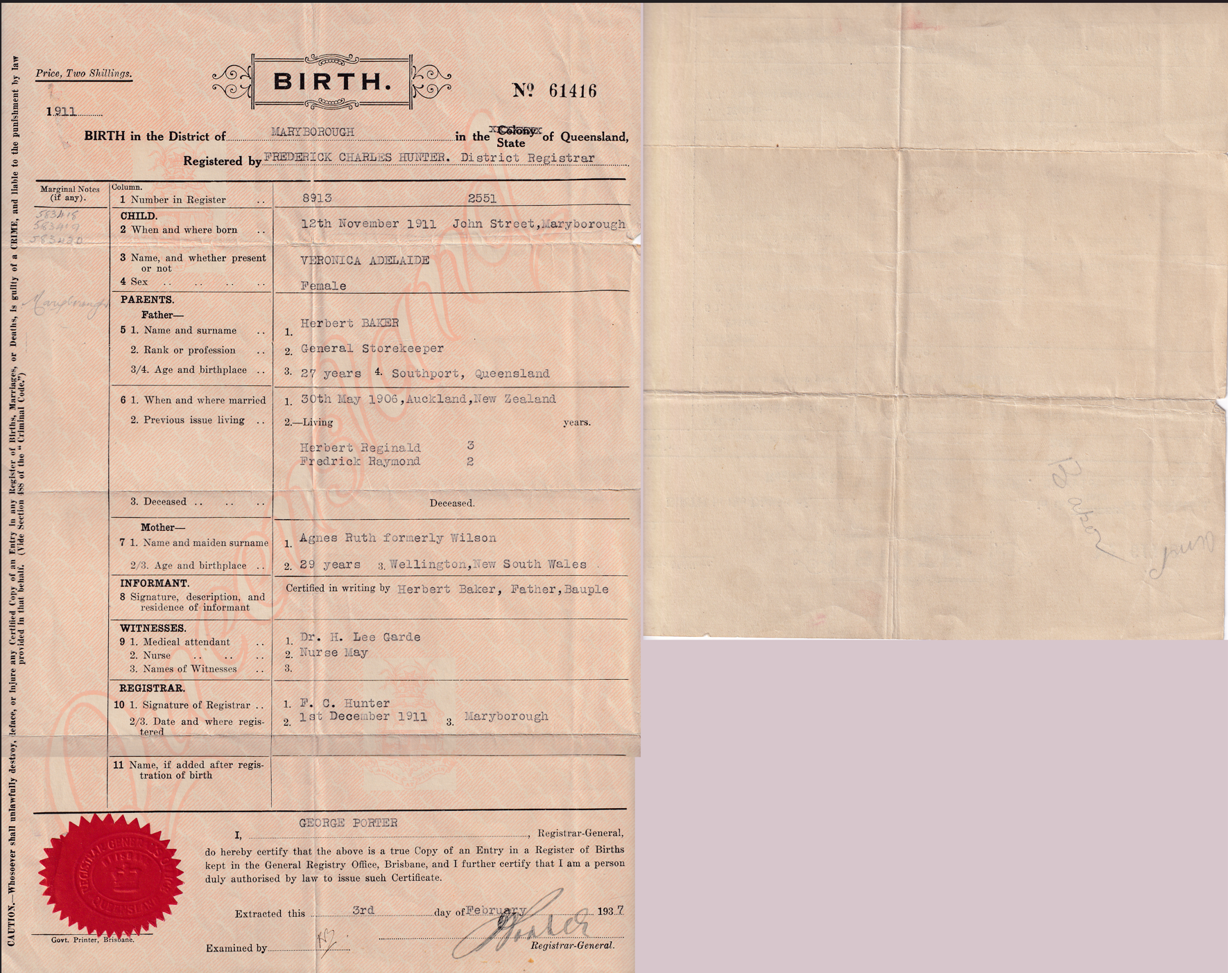 Veronica Towner's (Girlie's) birth certificate