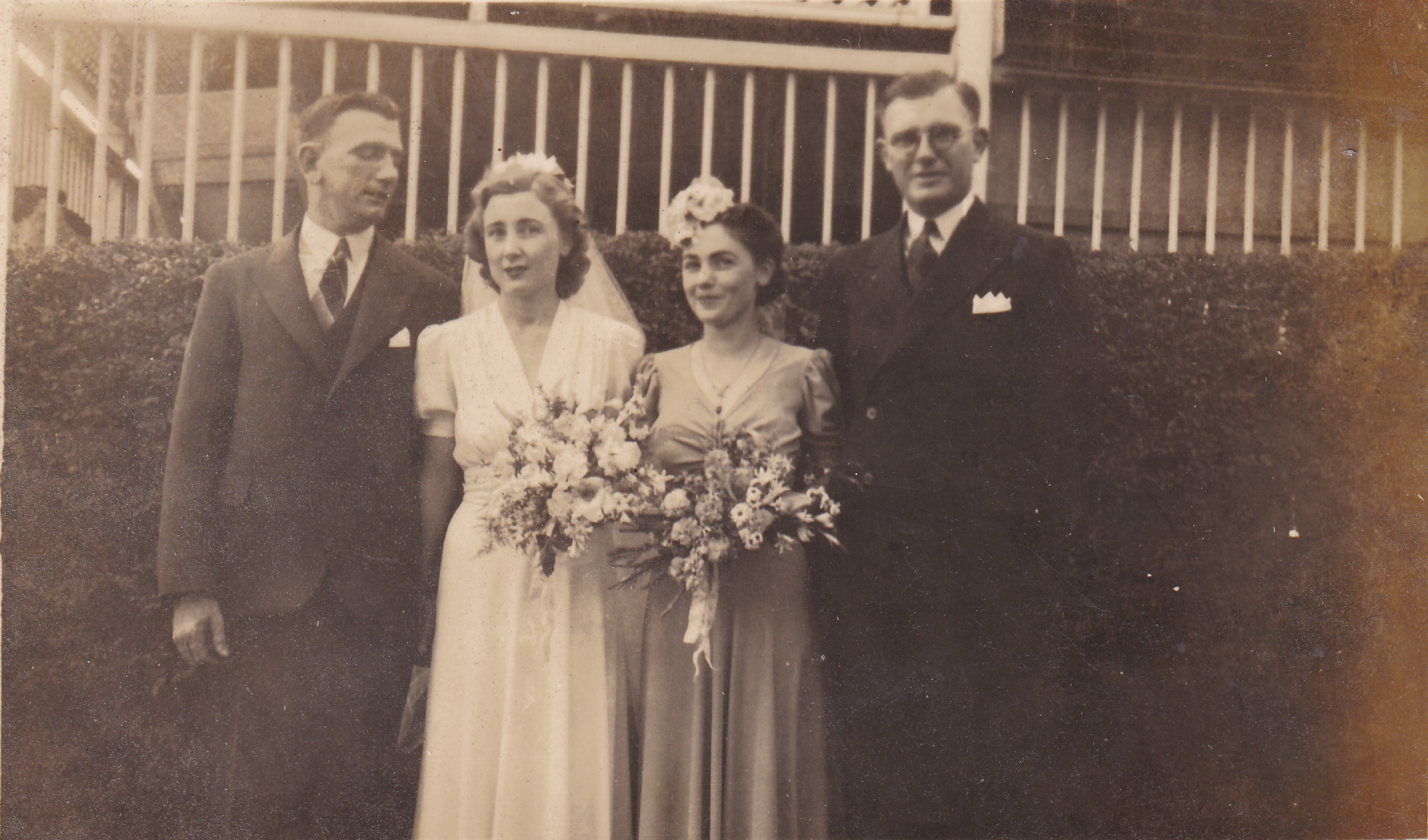 Fred and Veronica Towner (Girlie Baker), with Pauline Baker and someone unknown at Fred and Veronica's wedding, 4 October 1941, in Bauple