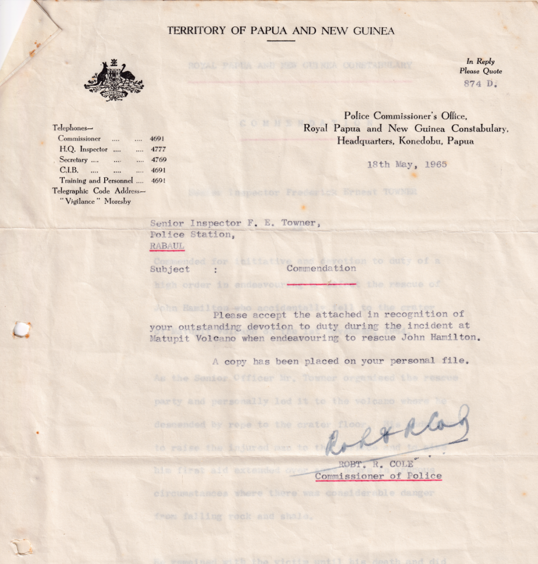 Fred Towner's commendation