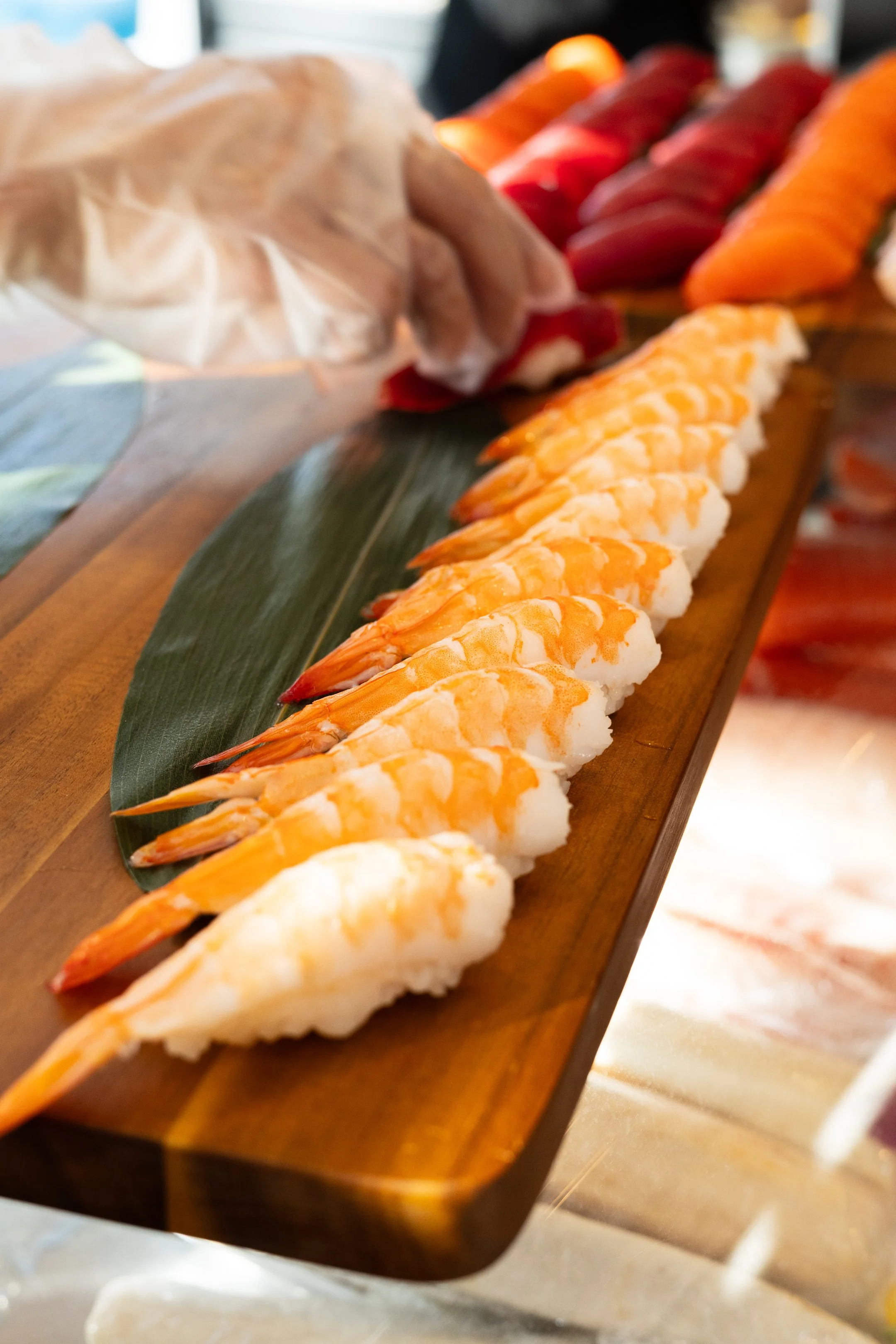 Close-up of a wooden sushi platter with a row of shrimp nigiri, with sliced salmon and tuna in the background.