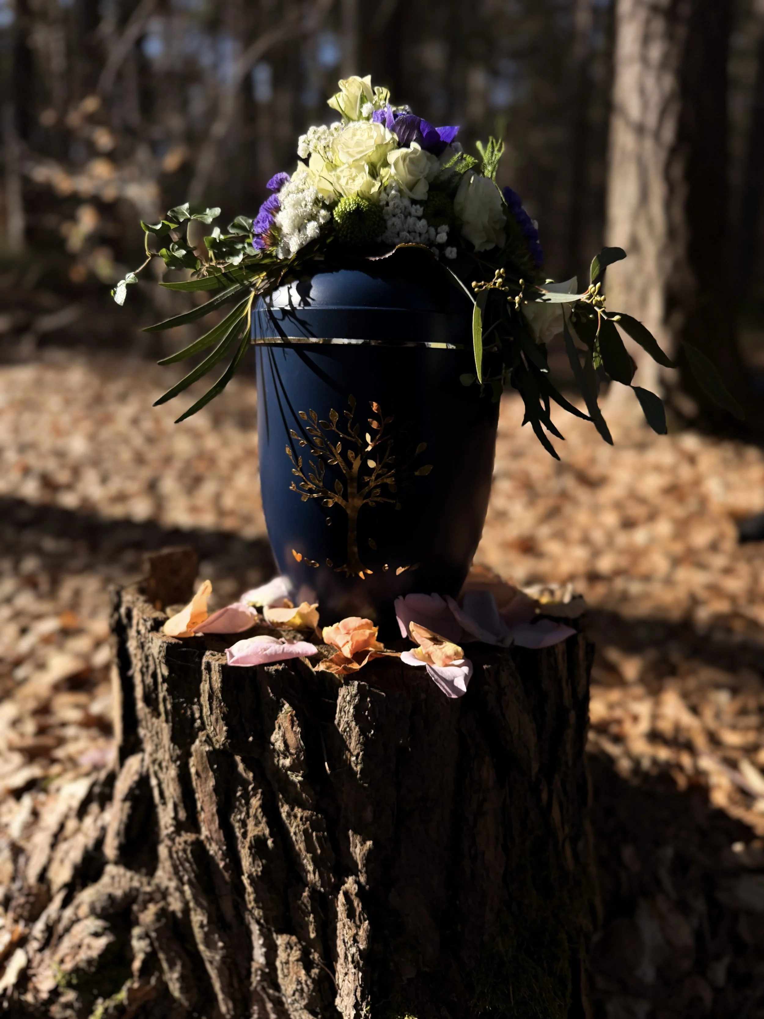 Blumenarrangement mit weißen, violetten und kleinen weißen Blumen auf einem Sarg im Wald, mit herabfallen rosa Blütenblättern auf einem Baumstump im Vordergrund.
