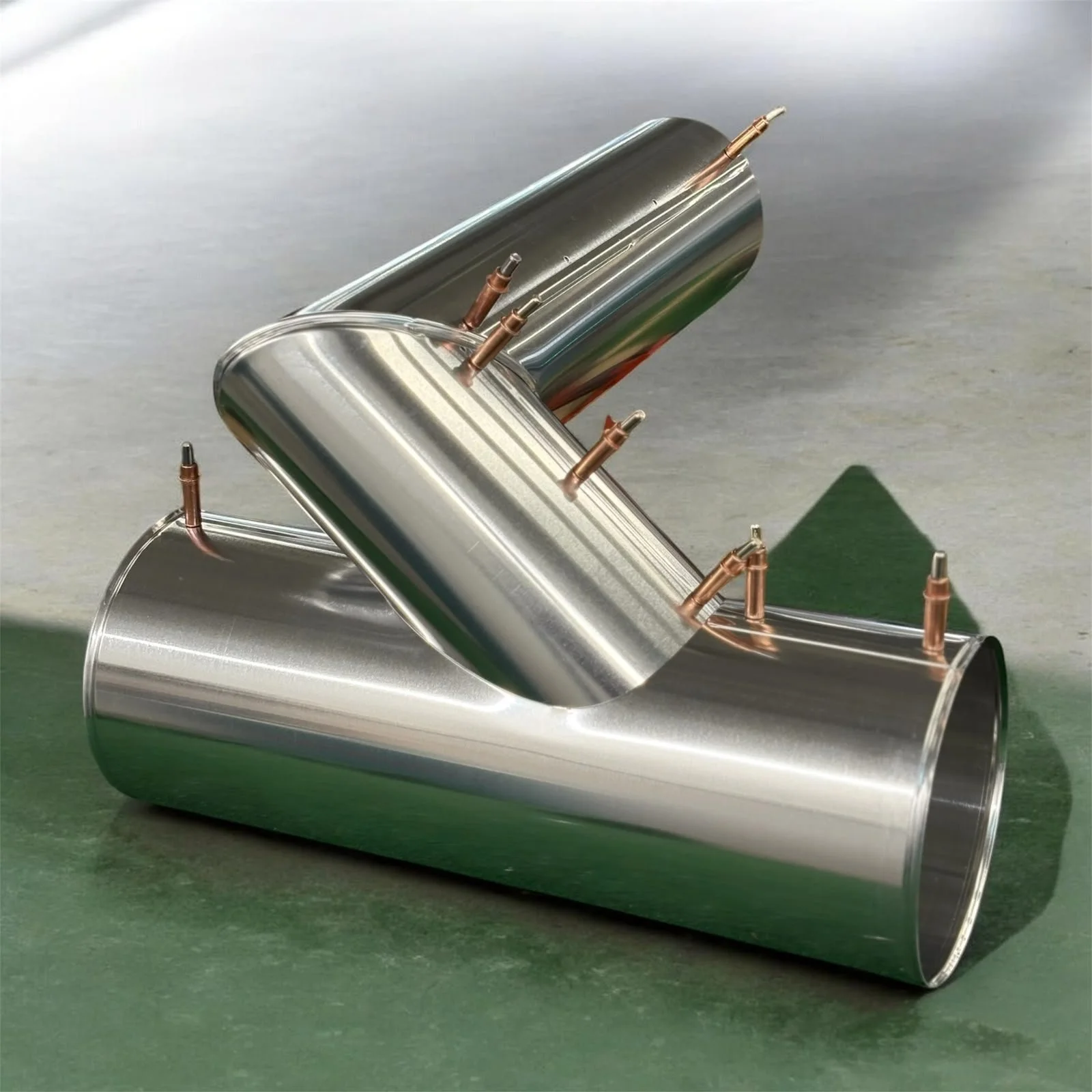Brennstoffzelle, die auf einem grünen Untergrund liegt, besteht aus einem rundlichen Metallgehäuse mit Kupferleitungen.