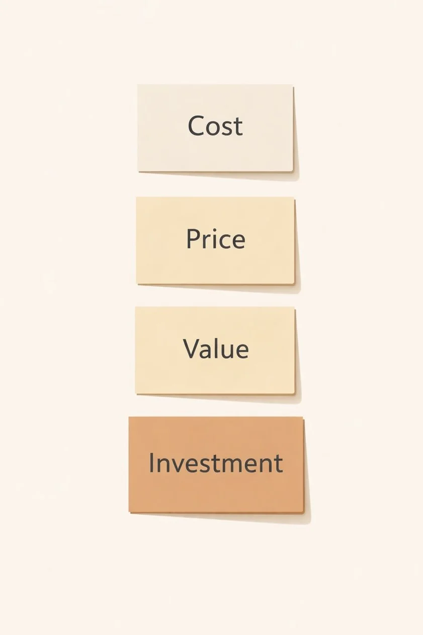 Cost, Price, Value, Investment.