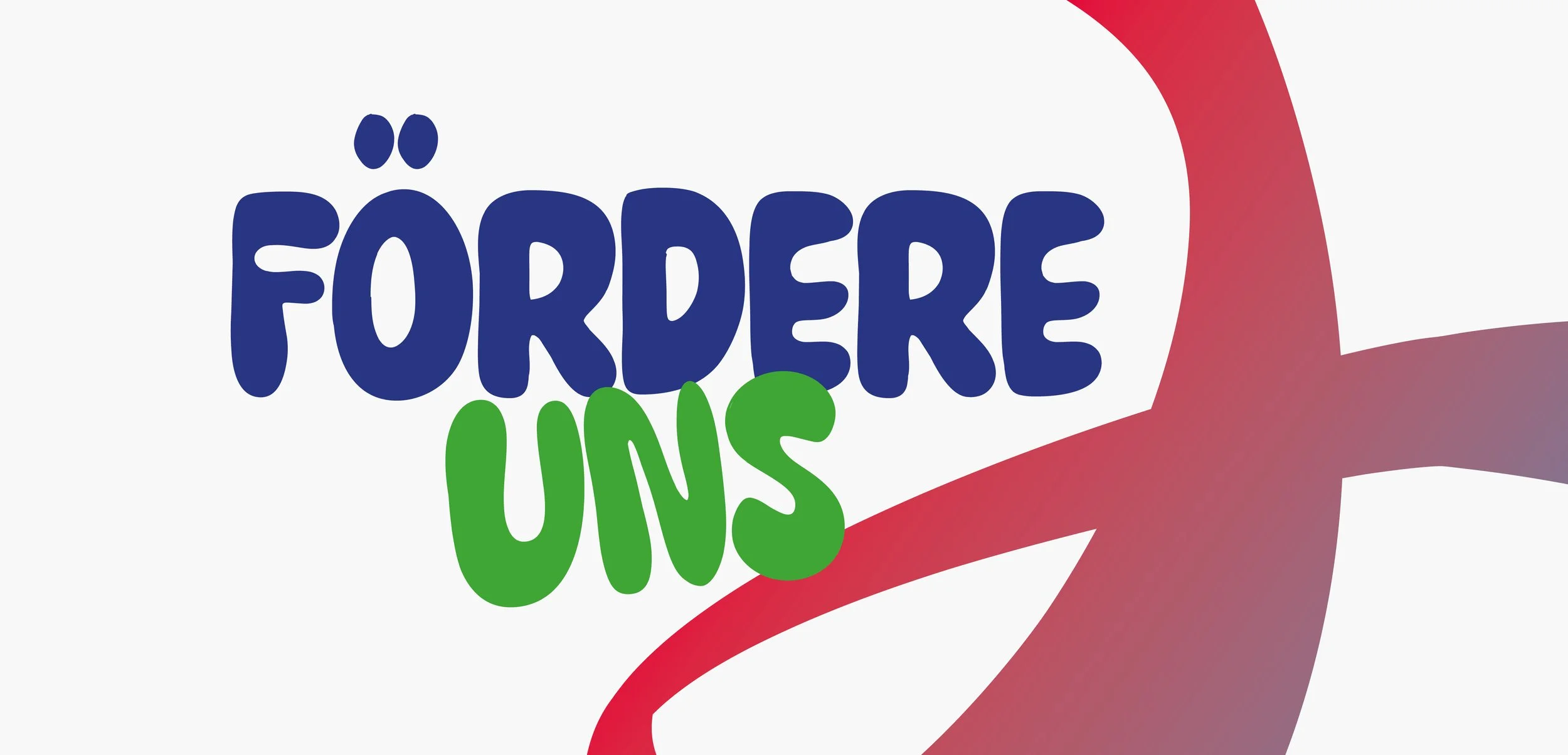 Der Text 'Öffere uns!' in blauer und grüner Schrift auf hellem Hintergrund, mit abstrakter roter Grafik im rechten unteren Bereich.