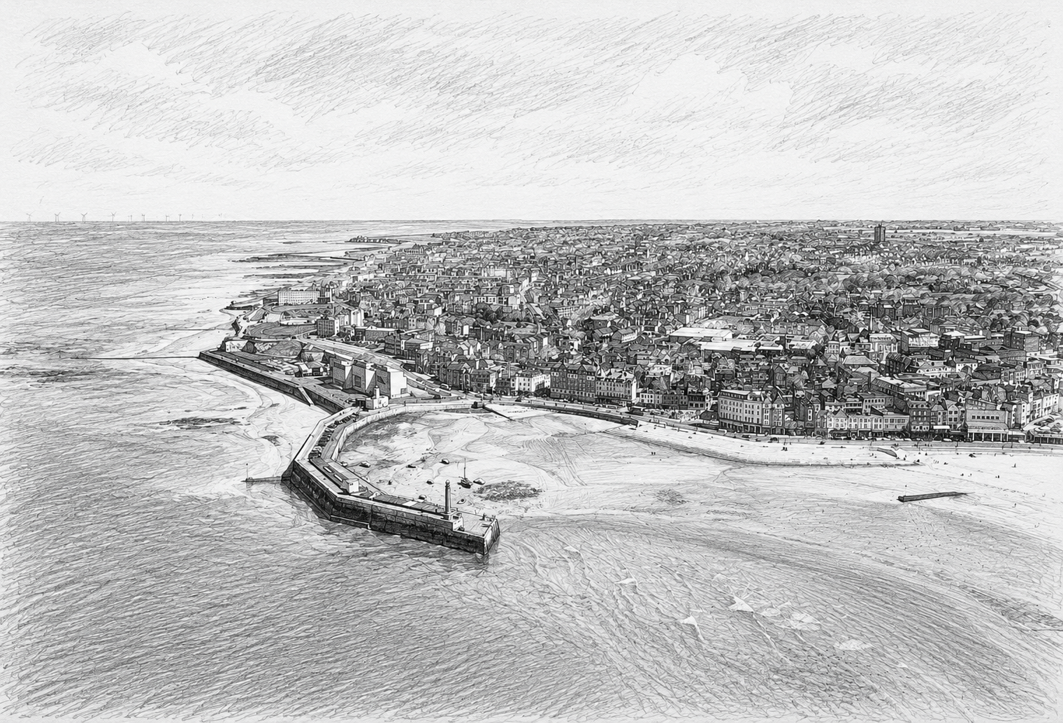A black and white drawing of a coastal city with a curved pier extending into the water, and dense urban buildings stretching into the distance under a cloudy sky.
