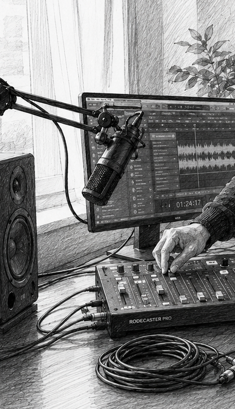 A music producer's workspace featuring a computer screen with audio editing software, a microphone on a boom arm, an audio mixer, studio monitor speaker, and a hand adjusting controls on the mixer.
