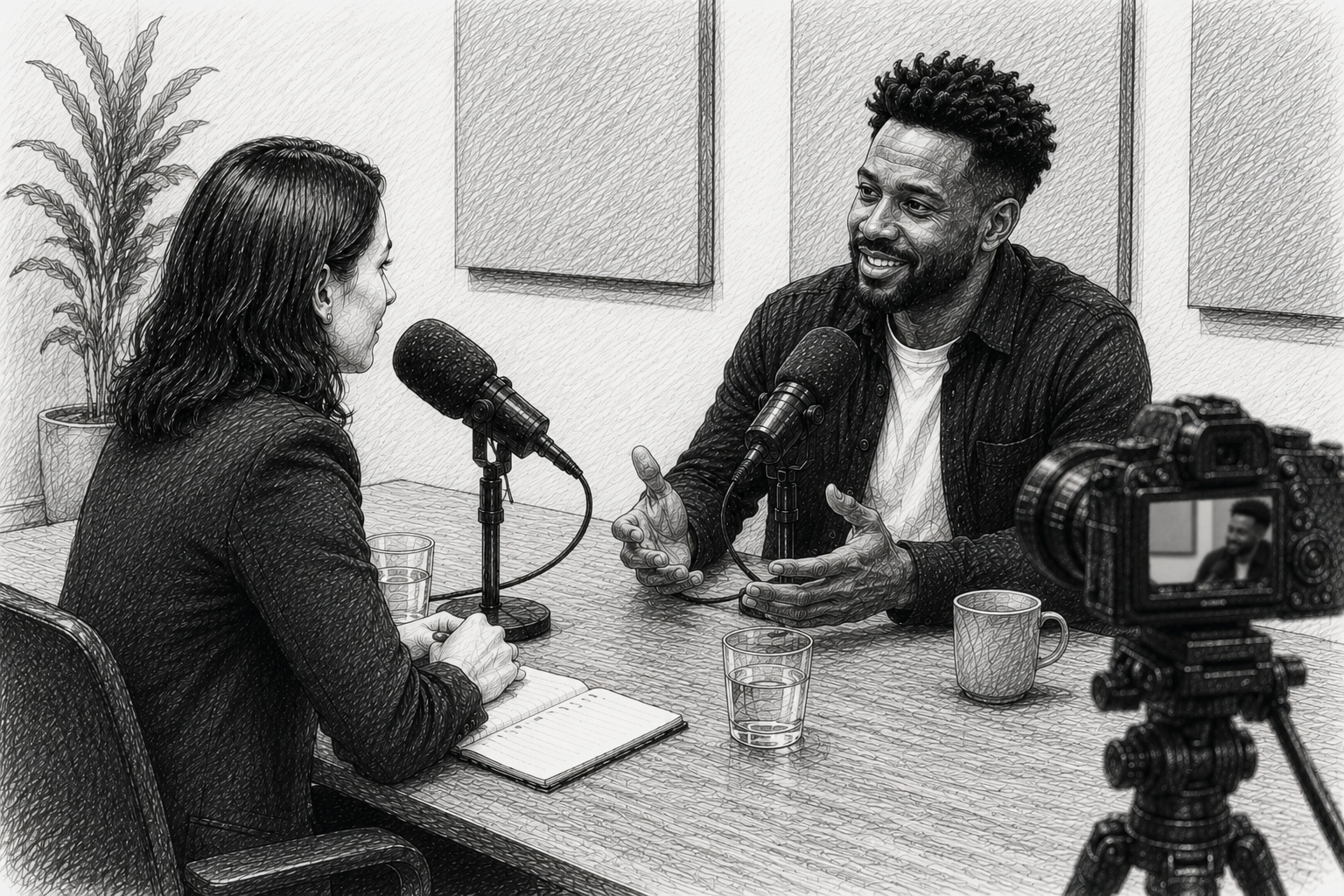 Two people, a woman and a man, are seated at a table engaged in an interview or conversation, each with a microphone. The woman has dark, shoulder-length hair and is holding a notepad, while the man has curly hair and a beard, gesturing with his hands. There is a camera on a tripod recording the scene, with its viewfinder showing the man. The table has three glasses of water and a coffee mug, and there is a potted plant and wall art in the background.