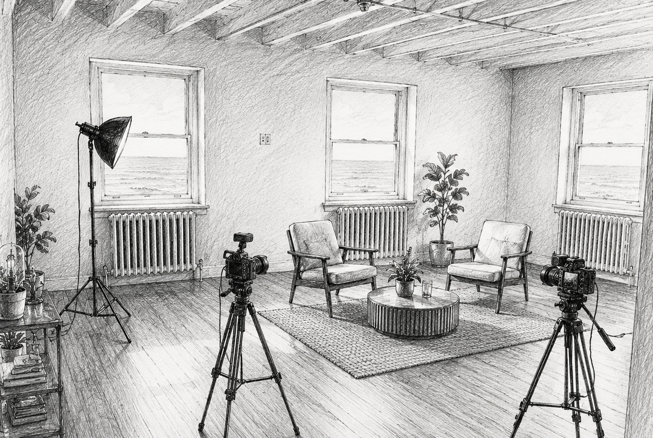 A black and white sketch of a living room setup with two cameras on tripods and studio lighting, inside a house with three windows, potted plants, two armchairs, a round coffee table with a plant and glass, radiators, and wooden flooring.