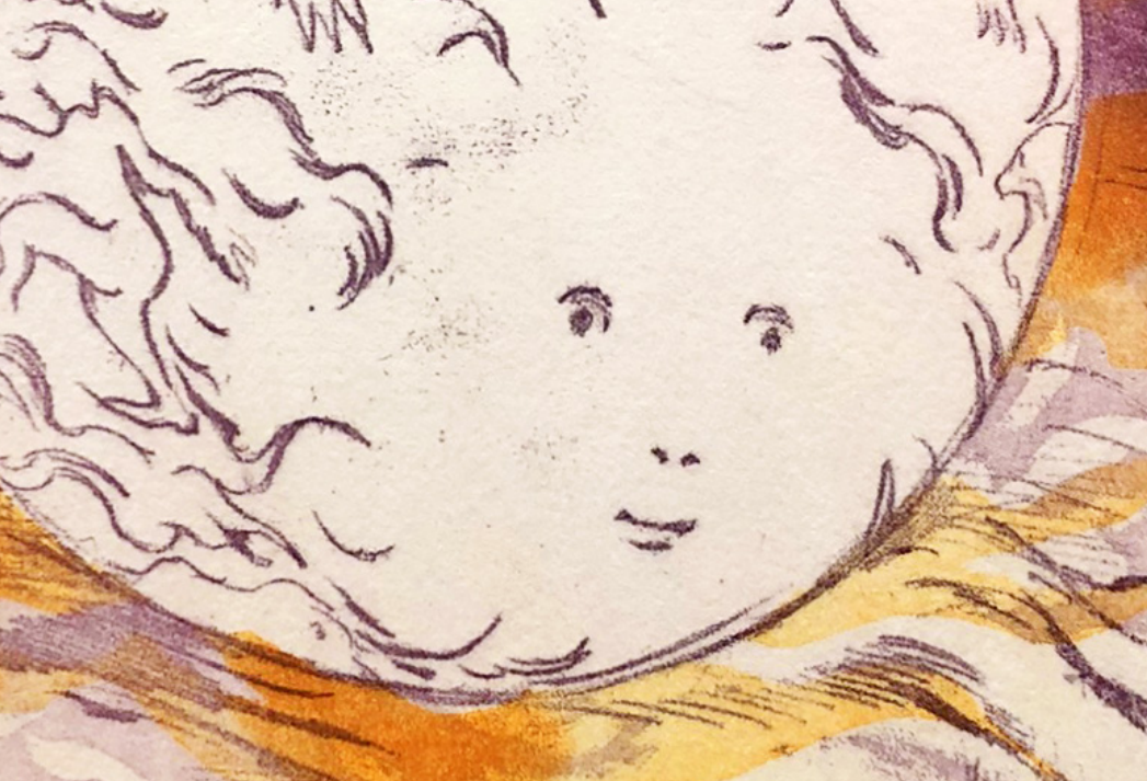 Illustration d'un visage de lune avec des traits humains, entouré de nuages et d'étoiles.