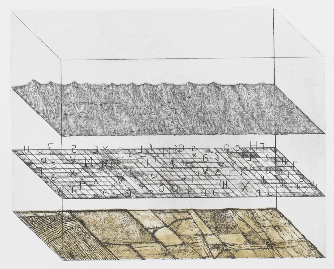 Image montrant une illustration en trois dimensions de différentes couches de terrain, incluant une vue en perspective d'une surface de sol, une couche de lettre et une coupe de sous-sol avec des profils géologiques.