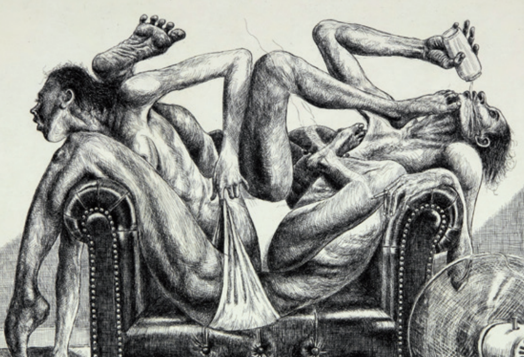 Dessin en noir et blanc représentant deux personnes dans une position agressive sur des fauteuils, avec une scène de tension.
