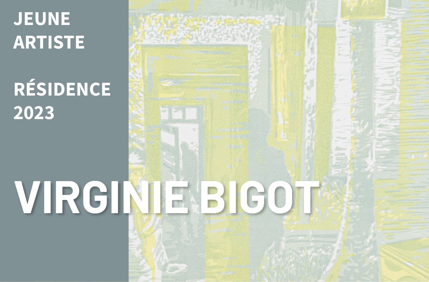 Affiche annonçant l'exposition de Virginie Bigot en résidence en 2023, avec un style graphique abstrait et des couleurs pastel.