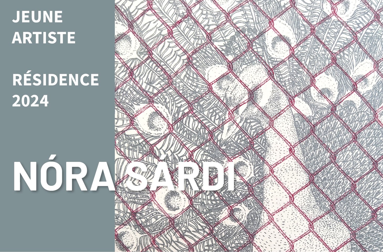 Affiche avec texte en français indiquant "Jeune Artiste Résidence 2024 Nora Sardi" à gauche sur un fond gris, avec une illustration détaillée de branches, feuilles et textures naturelles sur la droite.