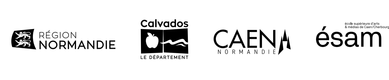 Logos de plusieurs organismes : Région Normandie, Département du Calvados, Caen Normandie, école supérieure d'arts et médias de Caen/Cherbourg, et ESAM.