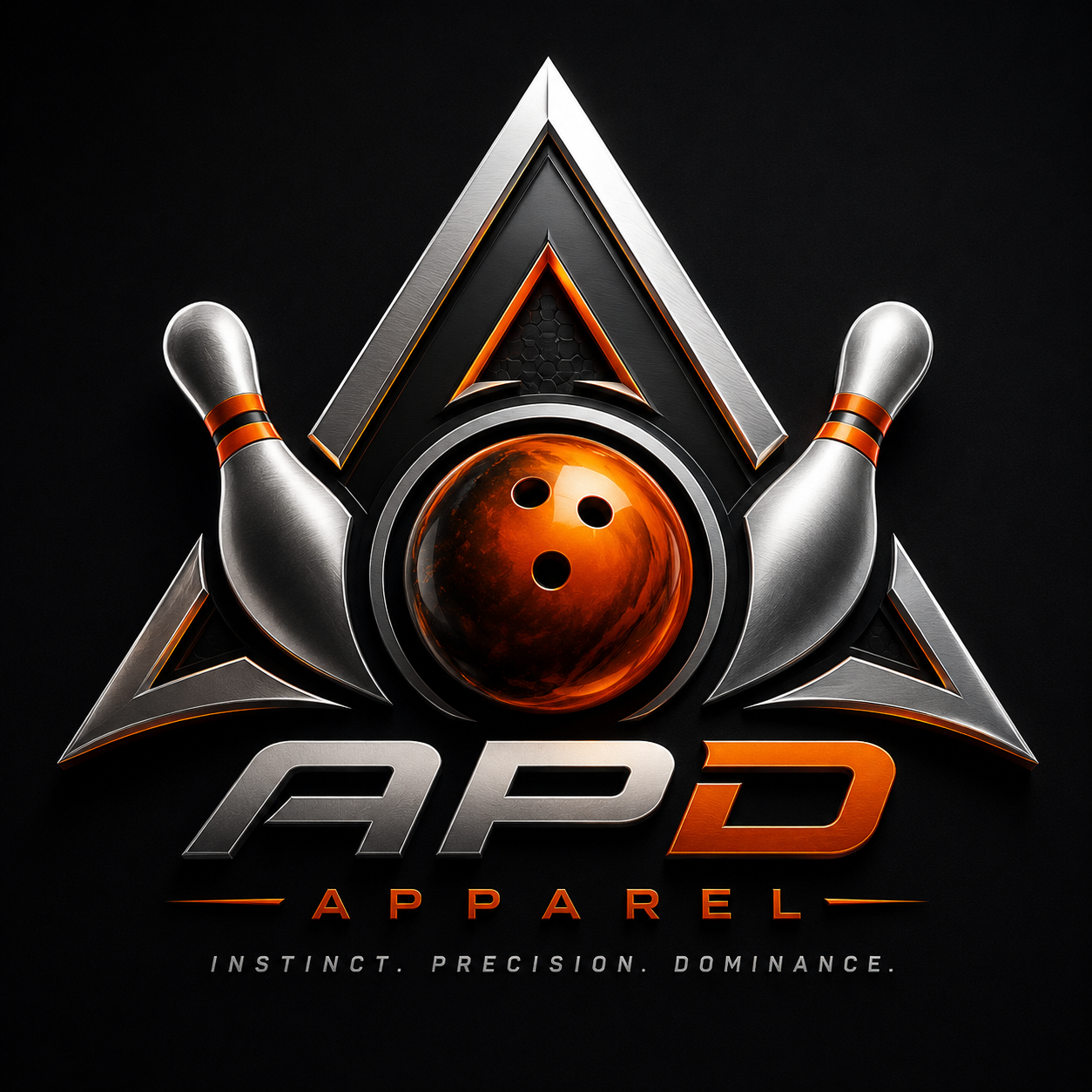 Logo for APD Apparel featuring a metallic bowling ball with orange accents, flanked by two bowling pins with matching orange rings, above the stylized text 'APD' with 'Apparel' and the tagline 'Instinct. Precision. Dominance.'