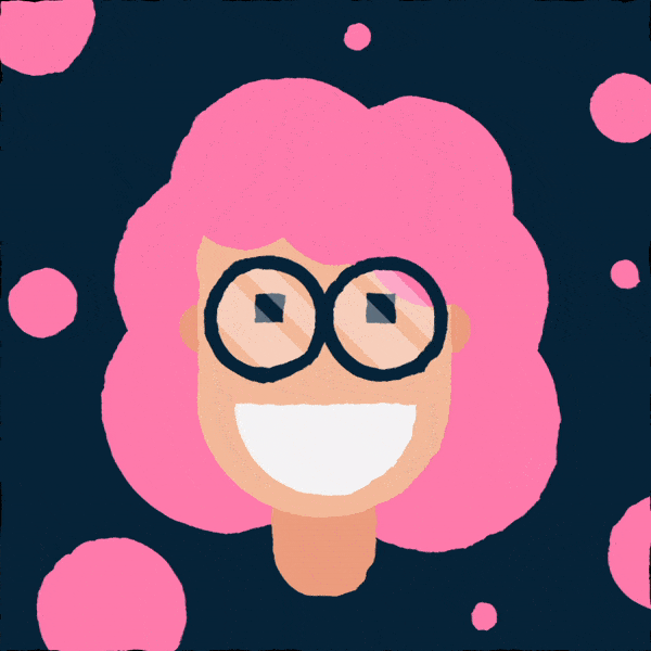 Cartoon face with pink hair, large round glasses, and a big smiling mouth, set against a dark background with pink circles.