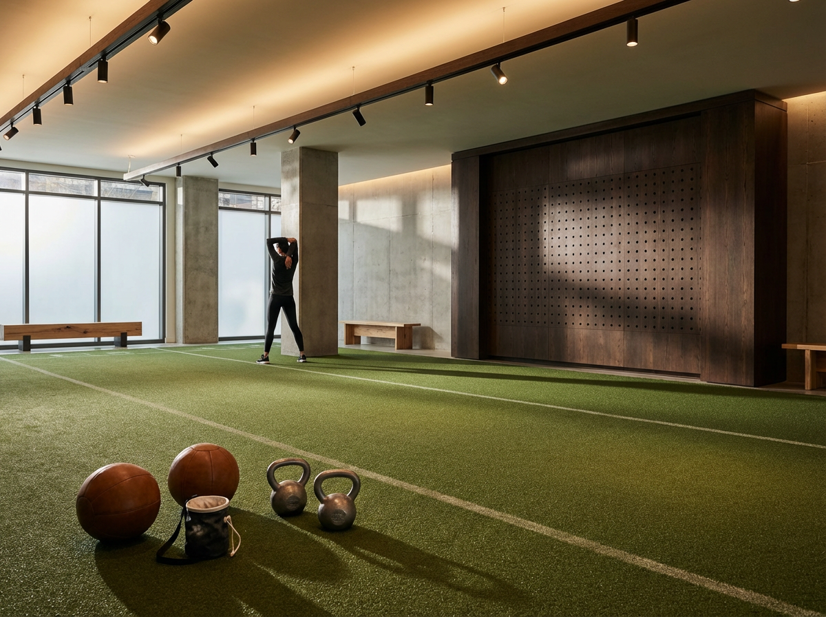 An indoor gym with artificial turf flooring, kettlebells, medicine balls, and a gym bag in the foreground. A person stretching near a concrete pillar, with sunlight coming through frosted windows on the left. The ceiling has track lighting, and there are wooden benches along the walls.