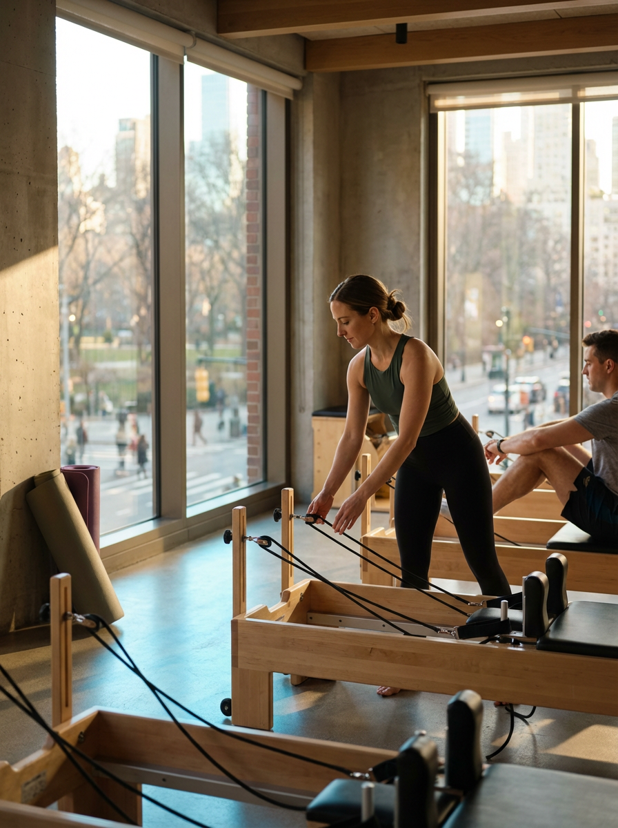 A woman in workout clothing using a reformer Pilates machine in a fitness studio, with large windows showing an urban street outside. A man is seated on another reformer nearby.