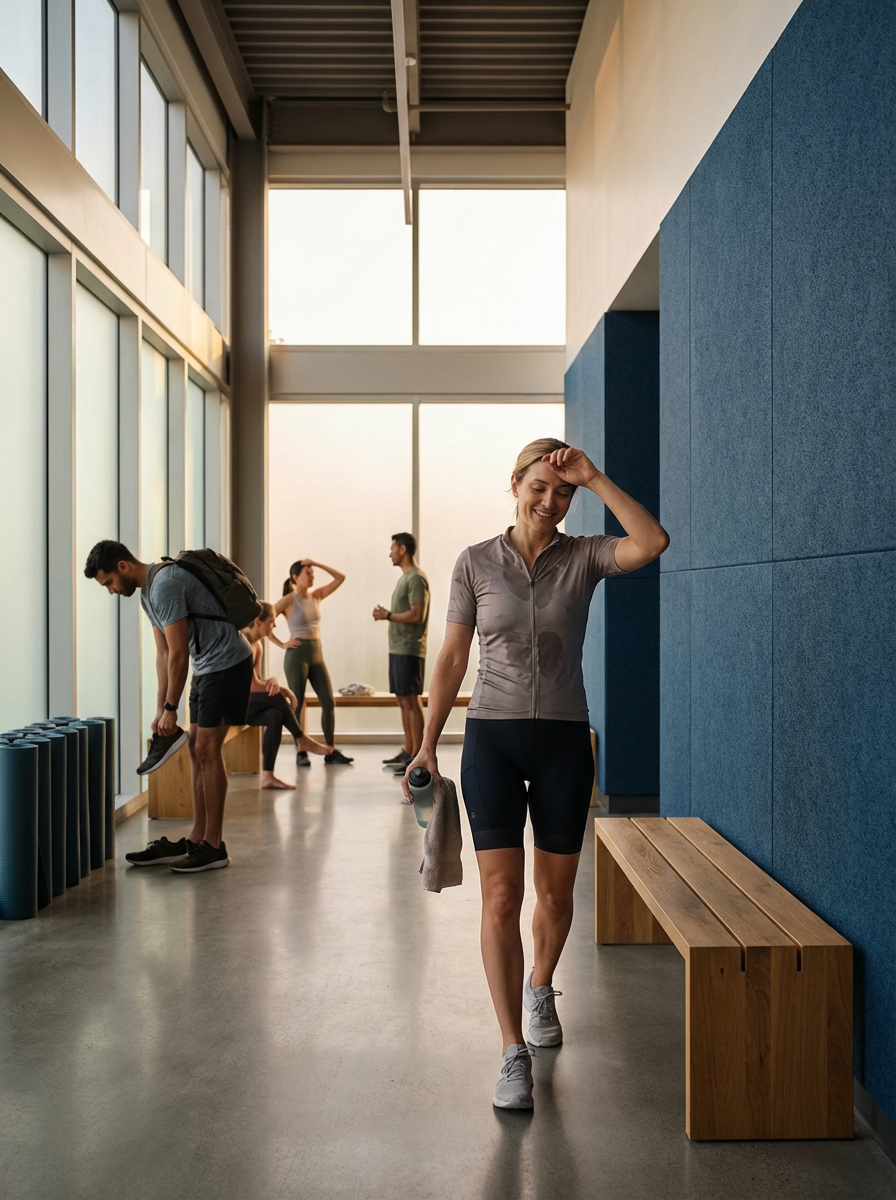 A woman in workout clothes walking through a gym, wiping sweat from her brow and holding a water bottle and towel, with other people stretching and talking in the background inside a modern gym with large windows.