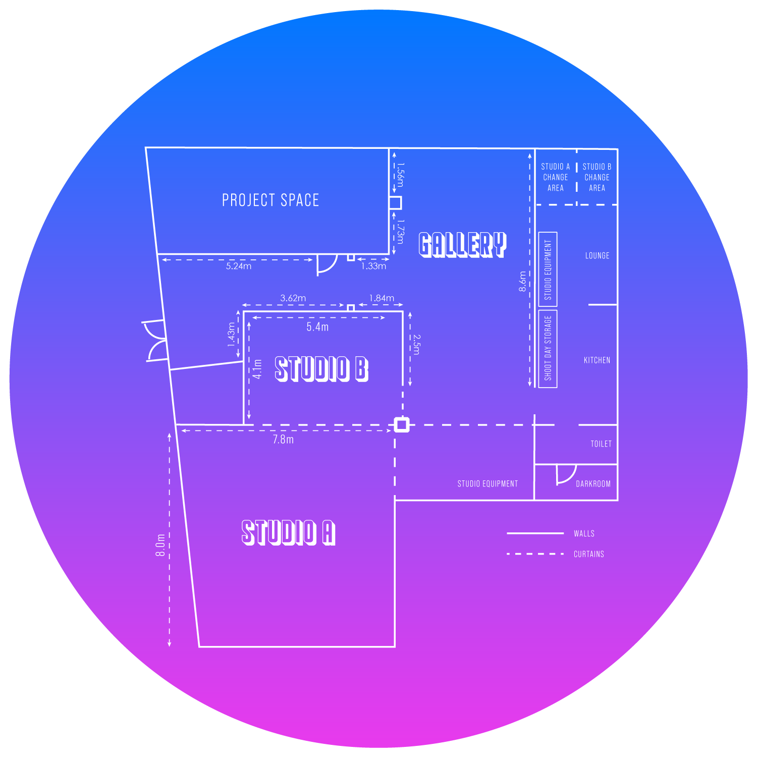 Floor plan of Great Space showing Studio A, Studio B, the gallery, project space, green room, kitchen, lounge, change areas, darkroom, and studio equipment, with room dimensions.
