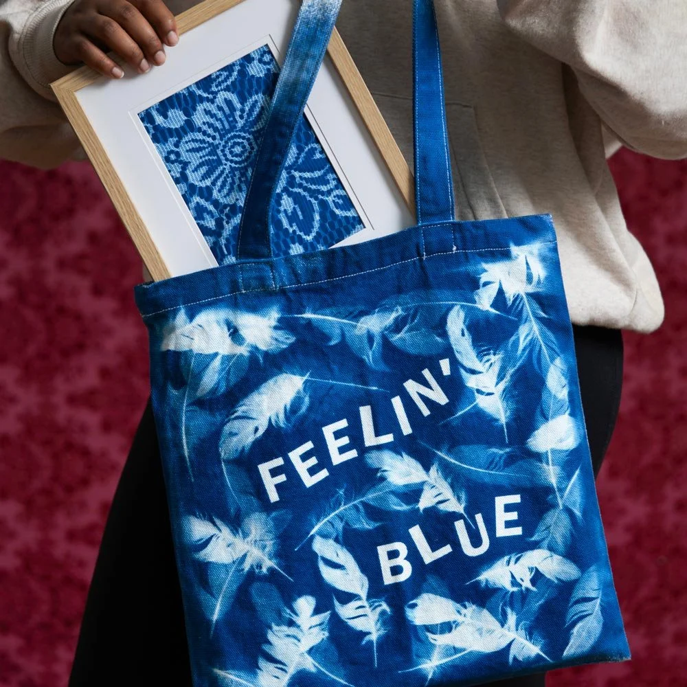 Handmade tote bag decorated with a blue cyanotype print