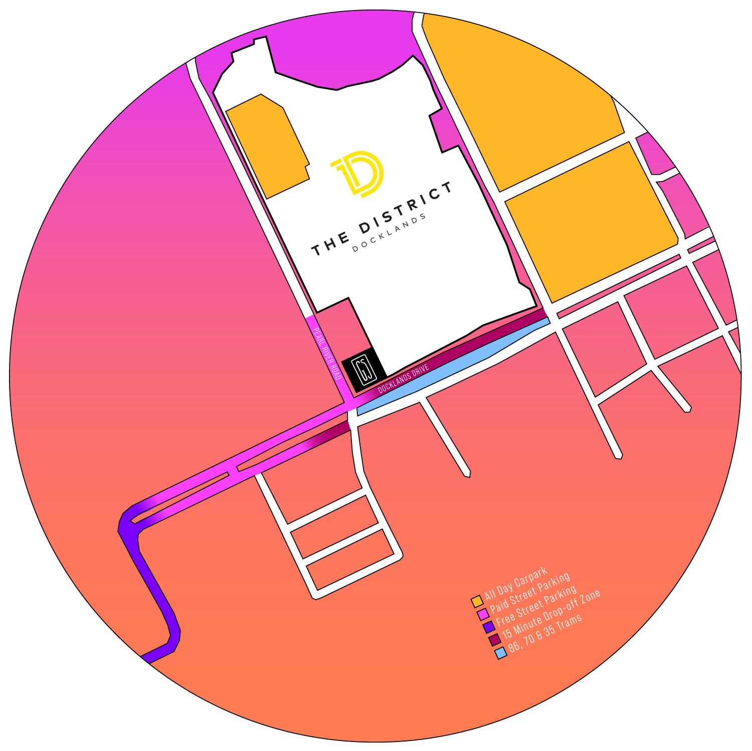 Map showing the location of Great Space in Docklands, Melbourne, highlighting nearby tram routes, parking options, drop-off zones, and The District Docklands.