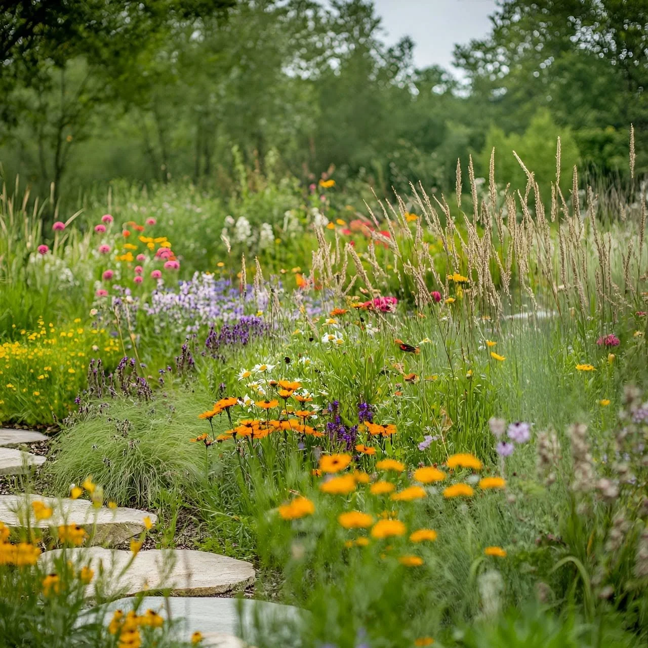 Colorful flower garden with stepping stones, various blooming flowers, green foliage, and trees in the background.