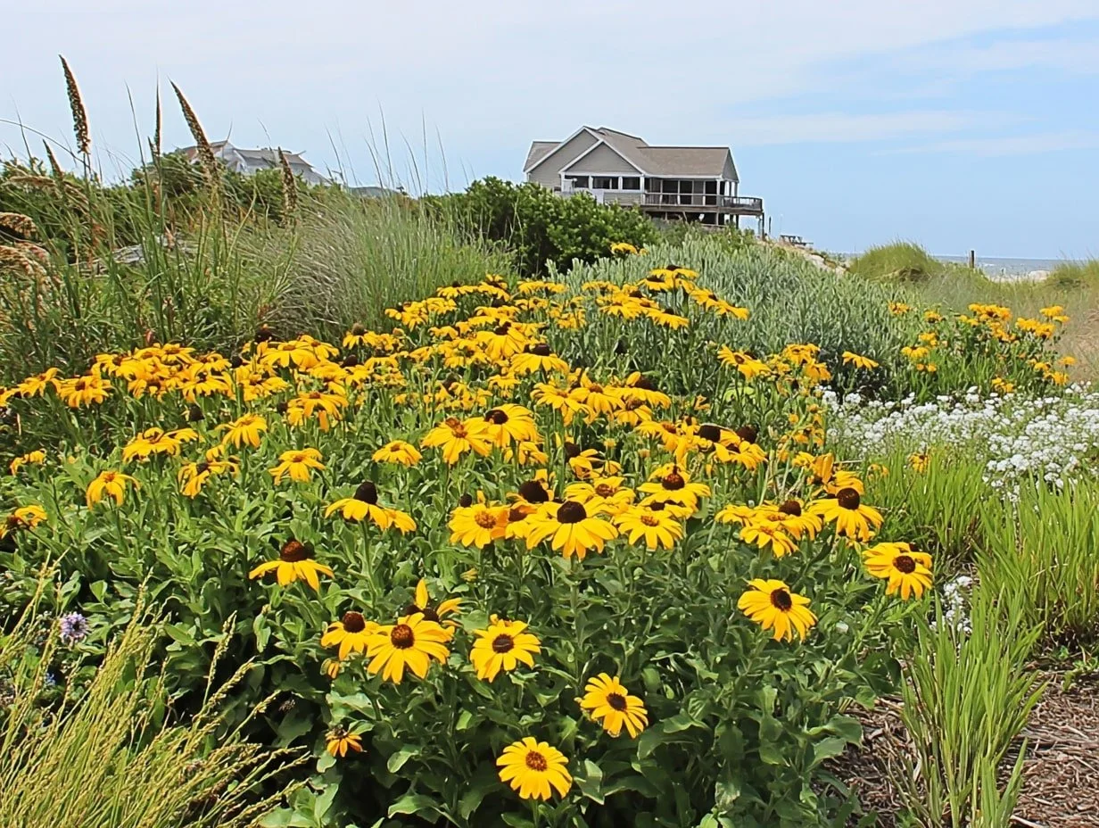 A garden of yellow flowers with a house in the background on a hill, under a partly cloudy sky.