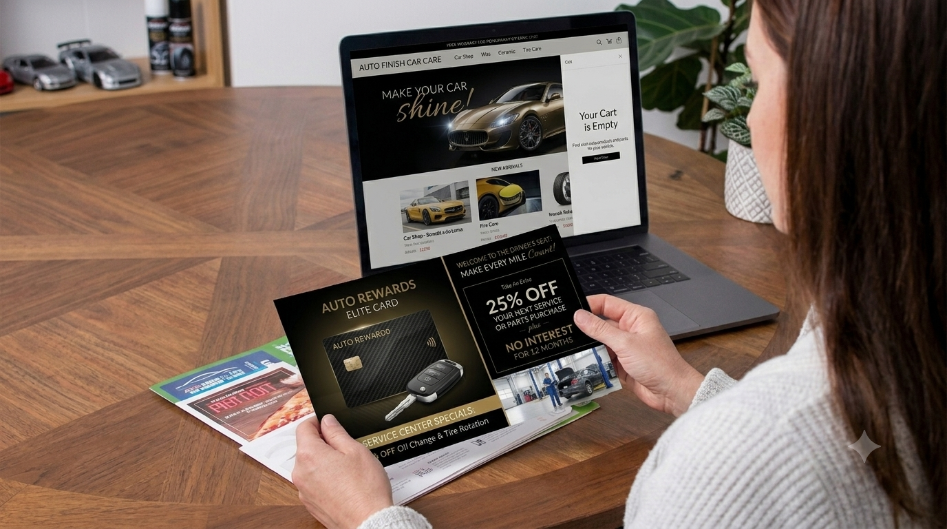 A woman holds an auto rewards elite card and a flyer with a car key image, sitting at a wooden table with car magazines. She is in front of a laptop displaying a car website. There are model cars and shelves in the background.