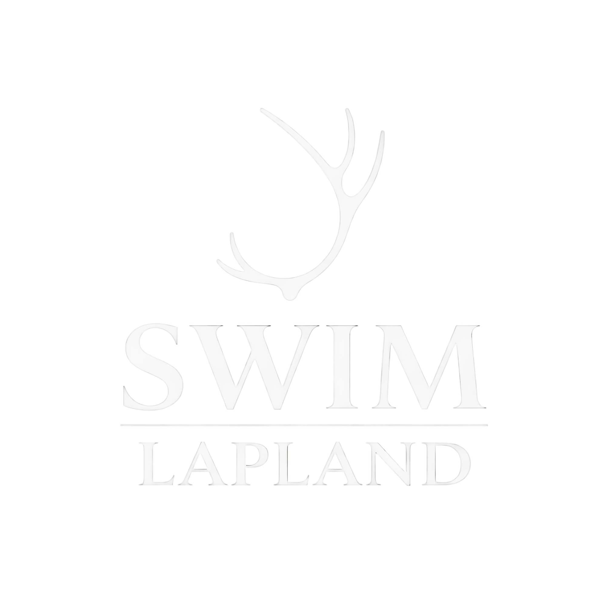 A logo with text 'Swim Lapland'. The text is in white with an outline, and there is a stylized white deer head with antlers above the text. The background is black.