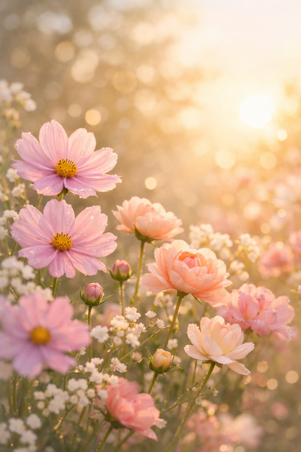 Pink and peach flowers with dewdrops on petals in a sunlit garden